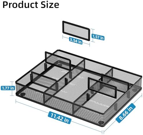 Marbrasse Desk Drawer Organizer, Metal Mesh Drawer Organizer Tray with 5 Adjustable Compartments,Desk Organizers and Accessories for Home,Office,Kitchen,Makeup,Vanity (Black) - Image 2