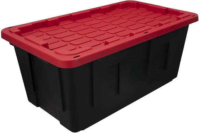 4 Pack, 27 Gallon Large Storage Bin, Plastic Storage Container with Stackable Snap-On Lid, Black and Red