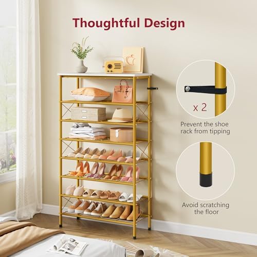 Tajsoon 8 Tier Shoe Rack Organizer for 28-32 Pairs of Shoes, White & Gold - Image 7