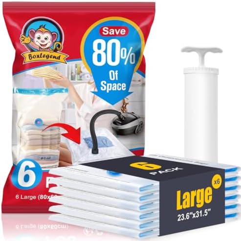 BoxLegend Vacuum Storage Bags with Hand Pump 6 Large 23.6’’x31.5’’ Thickened Vacuum Seal Bags for Clothing Coat Bedding Quilt Blanket Pillow Comforters by BoxLegend