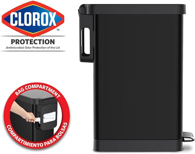 Glad Slim Trash Can with Clorox Odor Protection - Narrow Kitchen Garbage Bin with Soft Close Lid, Step On Foot Pedal and Waste Bag Roll Holder, Black, 12 Gallon/45 Liter