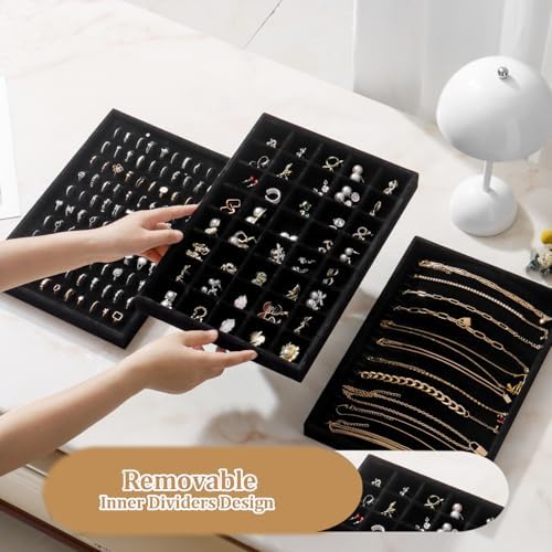 Large Jewelry Organizer for Drawer Insert Velvet Stackable Jewelry Trays for Earring Necklace Bracelet Ring Display (Black, 40 Grids) - Image 3