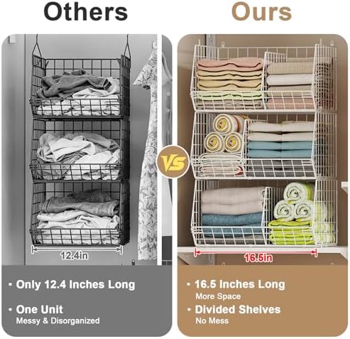 3 Tier Extra Large Closet Hanging Shelves with Divider, 16.5"L x 11.8"W x 33.6"H Closets Organizers and Storage with 5 S Hooks, Clothes Organizer for Sweaters Shoes Handbags Clutches Accessories-White - Image 5