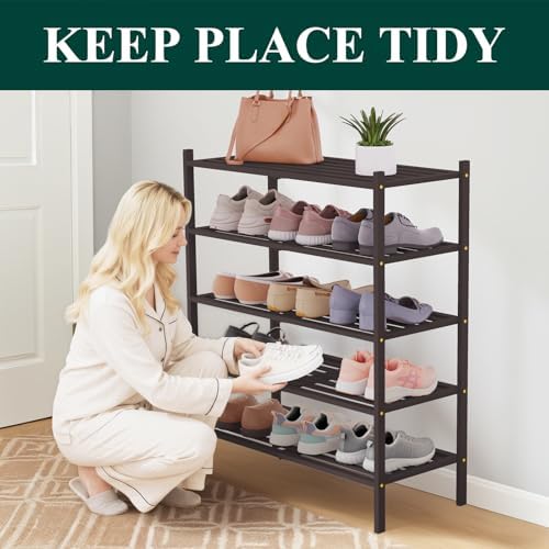 Smiry Bamboo Shoe Rack, 5 Horizontal Slats, 5 Tier - 26.8" Wide, Brown - Image 3