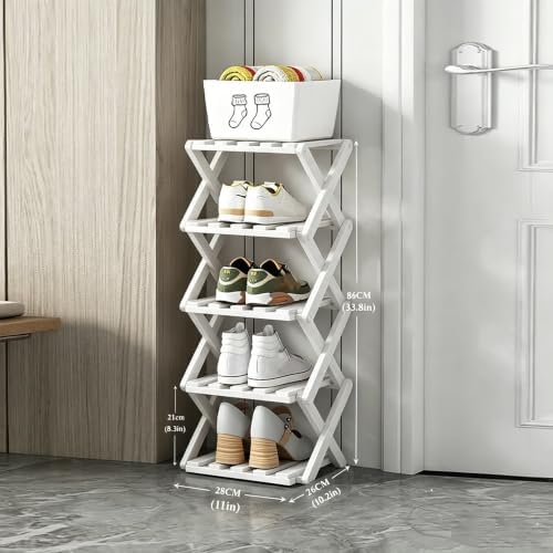 5 Tier Foldable Shoe Rack, Bamboo Vertical Shoe Organizer Tall for Multifunctional Narrow Shoe Shelf for Entryway, Closet, Corner, Bedroom, Hallway(White) - Image 2