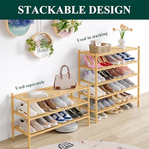 Smiry Bamboo Shoe Rack, 5 Horizontal Slats, 3 Tier - 33.9" Wide, Natural - Image 4