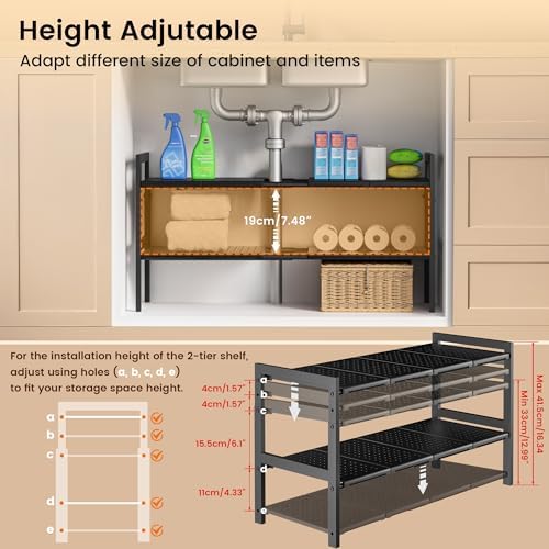 Under Sink Organizer and Storage 16.5"-30.7" Expandable Length, Adjustable Height Max 16.7" Under Sink Shelf 2 Tier with Removable ABS Panels Metal Frame for Bathroom Kitchen Pantry Cabitnet Pot Pan - Image 3