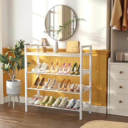 GEEBOBO 4 Tier Shoe Rack for Entryway, Holds 12 Pairs of Shoes, Metal Shoe Rack & Organizer for Front Door Entrance, Shoe Storage for Closet, Garage (White+Beige) - Image 4