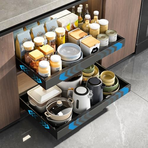 Mustorn 2 Pack Pull Out Cabinet Organizer, Expandable Slide Out Drawers for Kitchen Cabinets Peel and Stick Pullout Drawer Heavy Duty Sliding Shelves for Cupboard, Pantry, Bathroom(16.5" Deep, Black) by MUSTORN