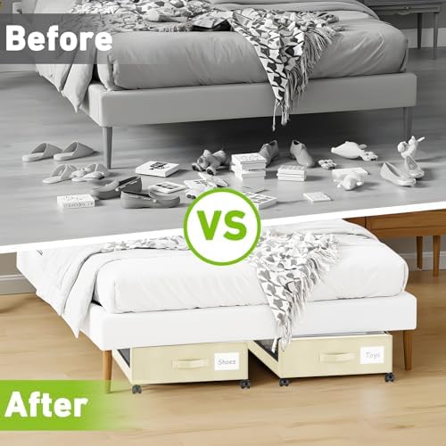 Beborxue Under Bed Storage with Wheels, 2-Pack Under the Bed Storage Containers with Lids, XXL 60L Under Bed Shoes Storage Organizer Bins, Rolling Underbed Storage for Clothes, Shoes, Blankets (Beige) - Image 6