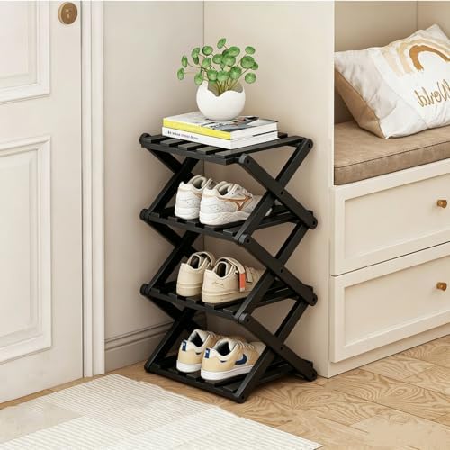 4 Tier Foldable Shoe Rack, Bamboo Vertical Shoe Organizer Tall for Multifunctional Narrow Shoe Shelf for Entryway, Closet, Corner, Bedroom, Hallway(Black) by XZXWZX