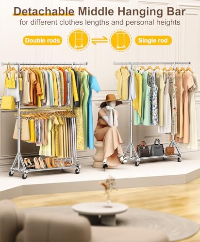 100% Stainless Steel Heavy Duty Clothes Rack Load 860 LBS, Two Tier Rolling Garment Rack with Wheels, Adjustable Double Rod Clothing Rack for Hanging Clothes, Closet Rack for Storage and Organization - Image 3