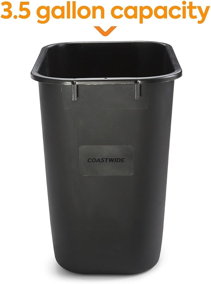 COASTWIDE Professional Indoor Trash Can Without Lid, Black Soft Molded Plastic, 3.5 Gallon