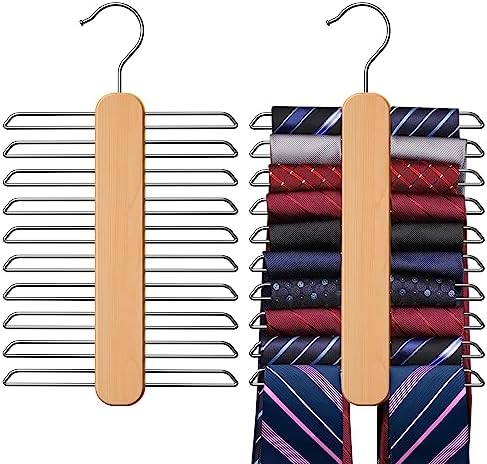 Tie Hanger 2 Pack,Tie Organizer for Closet 20 Storage Capacity,Wooden Necktie Organizer Tie Storage,360 Degree Rotating Accessory Organizers for Tie,Belt,Scarf by Uinicor
