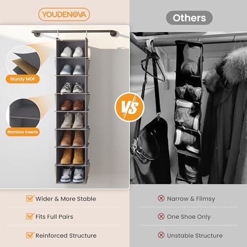 YOUDENOVA Upgraded Extra Wide Hanging Shoe Organizer for Closet, 8-Shelf Storage Organizer with 8 Side Pockets, Hanging Shoe Rack for Hats Clothes Jeans, 2 Packs, Grey - Image 5