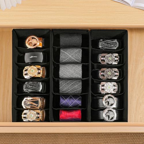 3 Pack Fabric Belt Organizer with 6 Grids per Organizer, Foldable Drawer Organizers for Closet and Drawer, Belt and Tie Holder - Black - Image 7