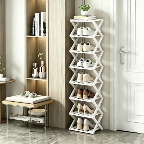 8 Tier Foldable Shoe Rack, Bamboo Vertical Shoe Organizer Tall for Multifunctional Narrow Shoe Shelf for Entryway, Closet, Corner, Bedroom, Hallway(White) by XZXWZX