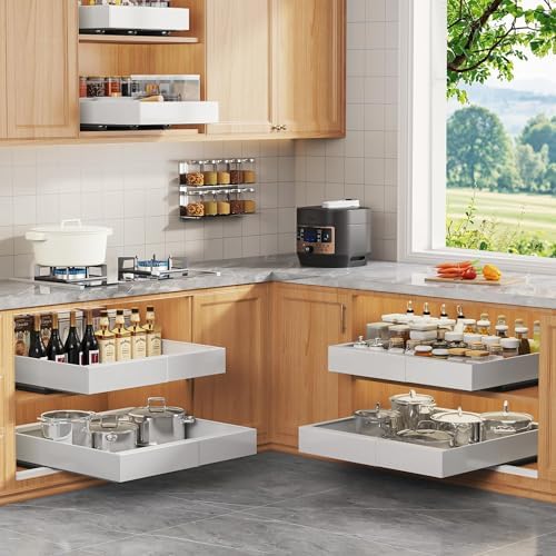 Seinloes 4 Pack Expandable Pull Out Cabinet Organizer 21"Deep With Raising Pad for Framed Cabinets,Upgrade 3 Slide Rails Slide Out Drawers,No Drill Roll Out Shelves,Adjustable Width 12.1"-20.4" White - Image 2