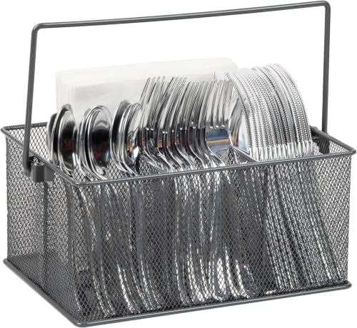 Mind Reader Multi-purpose Storage Caddy with Handle, Desktop Organizer, Cutlery Holder, 4 Compartments, Metal Mesh, Gray, Single (Pack of 9) by MindReader