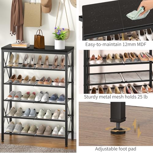 6-Tier Shoe Rack, Metal Shoe Stand with Wooden Top & 4 X Frames, Holds up to 24 Pairs, Sturdy Shoe Shelf for Entryway Closet Garage, Black - Image 5