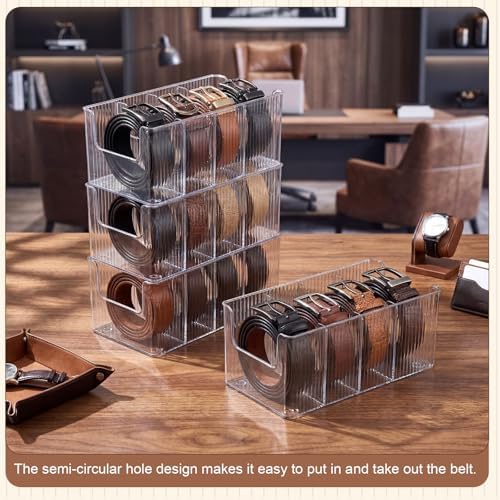 Junkin 4 Pcs Acrylic Belt Organizer with Adjustable 4 Compartments Clear Stackable Belt Holder for Men Leather Belts Storage Box for Closet Drawer Organization Multi-Purpose Display Bin with Inserts - Image 4