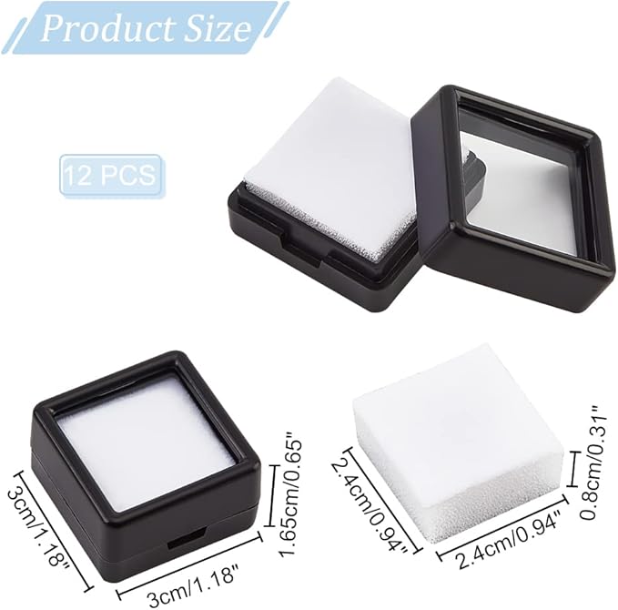BENECREAT 12 Pcs Black Gemstone Display Box with Clear Top 1.18 Inches Square Jewelry Box for Gift Wrapping, Displaying Gemstones, Crystal Diamond Accessories
