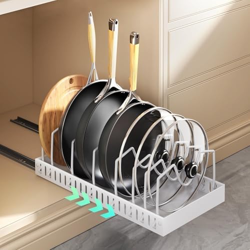 Lozovin Pull Out Pots and Pans Organizer Under Cabinet, Sliding Lid Holder and Pan Rack in Kitchen, Slide Out inside Cabinet Storage for Pot Lid, Bakeware, Dishes, 8 Adjustable Dividers, 1 Pack White by Lozovincablemanagementtray