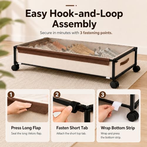 OMAIRA Under Bed Storage with Wheels, 2-Pack Splittable into 4-Pack, Easy Hook-and-Loop Assembly, Underbed Shoe Storage Organizer with Clear Lids & Rolling Drawers for Clothes, Shoes & Toys - Image 2