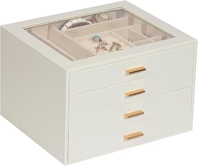 Jewelry Box with Glass Lid, 4-Layer Jewelry Organizer for Women Girls, PU Leather Display Case with 20-Grid Earring Tray & Movable Dividers for Necklaces Rings - Cloud White