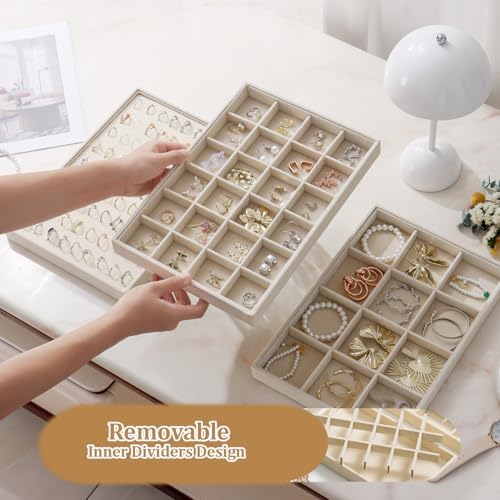 Large Jewelry Organizer for Drawer Insert Velvet Stackable Jewelry Trays for Earring Necklace Bracelet Ring Display (Beige, 24 Grids) - Image 5