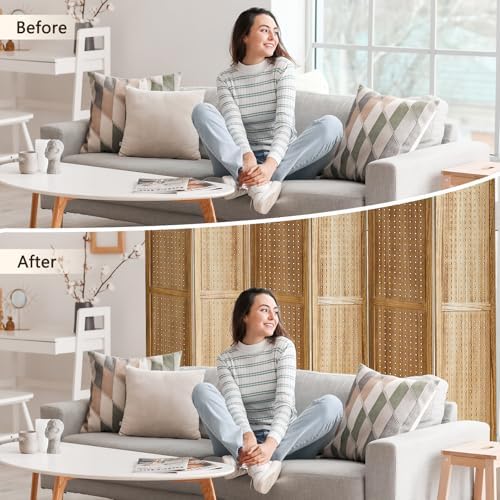 6 Panel Pegboard Display with 24 Hooks, Pegboard Room Divider and Folding Privacy Screens, Partition Room dividers, Wooden Room Divider Wall, Jewelry Store, Bedroom, Balcony, Light Brown - Image 4