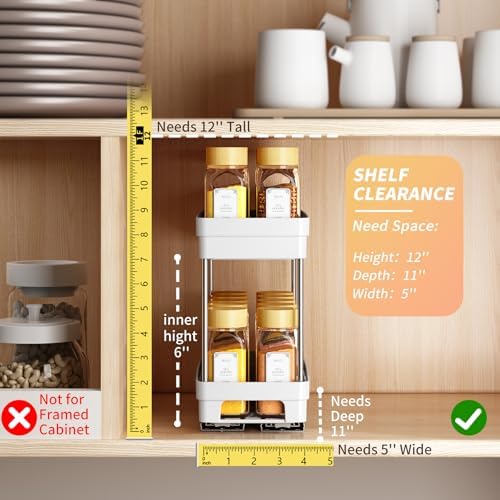 Pull Out Spice Rack Organizer for Cabinet, 2 Pack Slide Out Spice Racks Organizer, Spice Cabinet Organizers, Cabinet Size Need:12'' Highx11'' Deepx5'' Wide,Hold 10 Spice Jar Each Tier-2Tier, White - Image 3