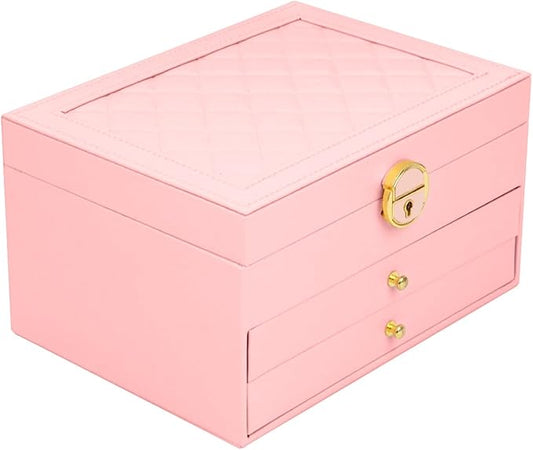 3 Layer Jewelry Box for girls, Lockable Jewelry Organizer for Necklace Earring Ring Bracelet Watch, PU Leather Storage, Pink