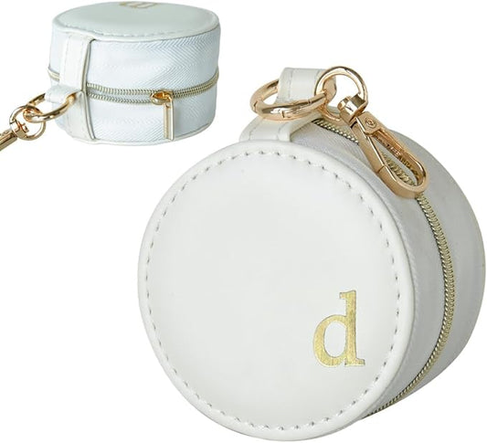COLLECTIVE HOME - Monogrammed Letter Jewelry Case, Portable Travel Ring Holder Box with Keychain, Personalized Initial Organizer for Earrings Necklaces, Gift for Her (White-d)