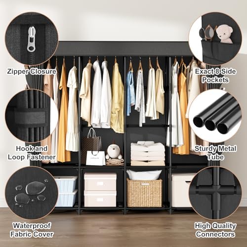 Portable Closet for Hanging Clothes, 67 Inch Wide Portable Wardrobe Closet with Cover, 4 Hanging Rod, Storage Shelves and Side Pockets, Large Free Standing Closet for Bedroom, Black - Image 5