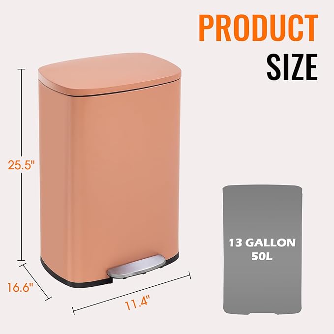 FDW | 13 Gallon Trash Can with Lid | Pink | Fingerprint-Proof | Made of Brushed Stainless Steel | Soft-Close Step Pedal | Hands-Free Use | Easy to Clean | for Kitchen, Office, Bathroom