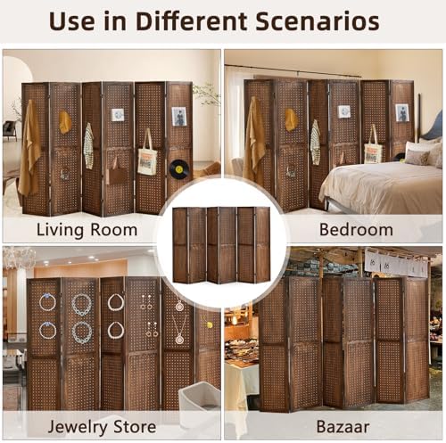 6 Panel Pegboard Display with 24 Hooks,Partition Room dividers, Wooden Room Divider Wall and Folding Privacy Screens, Pegboard Room Divider, Bedroom, Balcony, Dark Brown - Image 6