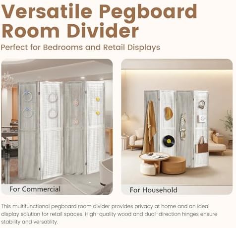 4 Panel Pegboard Display with 16 Hooks, Wooden Room Divider Wall and Folding Privacy Screens, Partition Room dividers, Pegboard Room Divider, Jewelry Store, Retail Store, Bedroom, White - Image 5