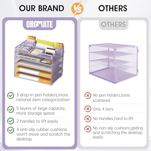 5 Tier Paper Letter Tray Desk Organizer with Pen Holders - Purple - Image 3