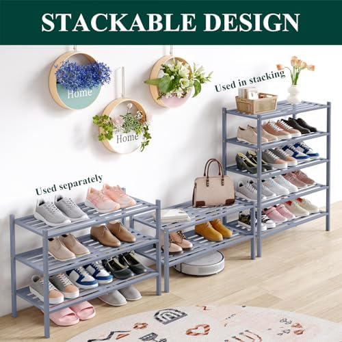 Smiry Bamboo Shoe Rack, 5 Horizontal Slats, 4 Tier - 26.8" Wide, Grey - Image 4