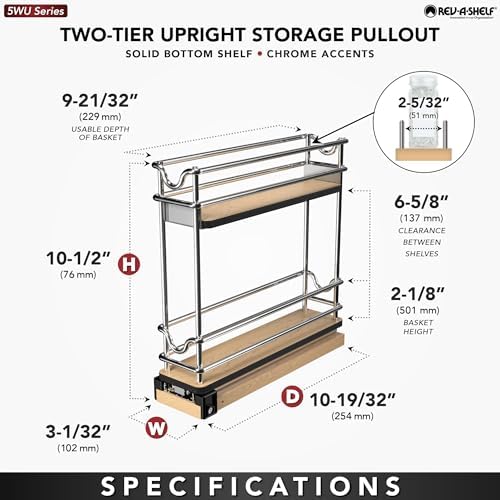 Rev-A-Shelf 3" Pullout Organizer for Cabinets, 2 Tier Narrow Upright Shelf, 5WU2-3N1-1 - Image 4