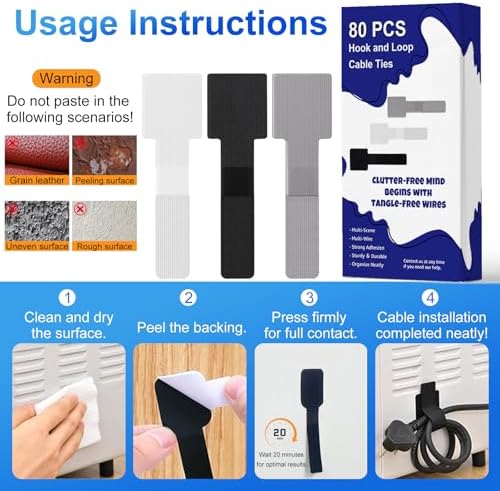 80 PCS Hook and Loop Cable Ties, Self Adhesive Cable Management Straps, Reusable Cord and Wire Organizer Clips for Under Desk, Computer, TV, Gaming Setup, Home Office and Kitchen, Black and Gray - Image 4