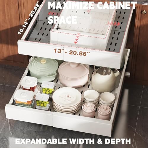 Seinloes Pull Out Cabinet Organizer,4-Side Expandable to Maximize Cabinet Space,Slide Out Drawers with 3 Rail Design,Roll Out Shelf with Raising Pad for Framed Cabinet,13"-21"W x 17"-24"D,White,4 Pack - Image 2