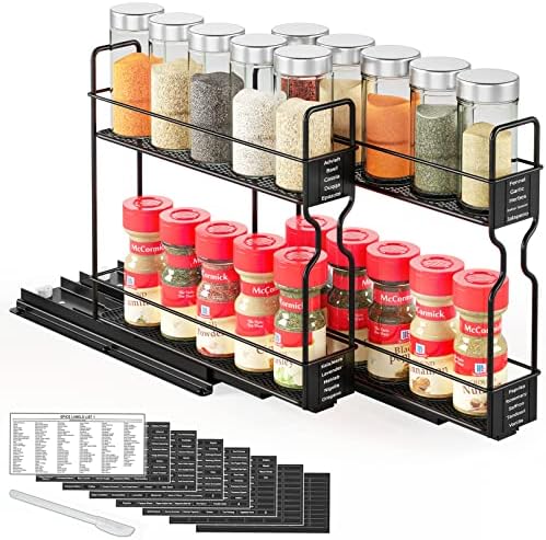 SpaceAid Pull Out Spice Rack Organizer for Cabinet, Heavy Duty Slide Out Seasoning Kitchen Organizer, Cabinet Organizer, with Labels, 5.2" W x10.75 D x10 H, 2 Drawers 2-Tier by SpaceAid