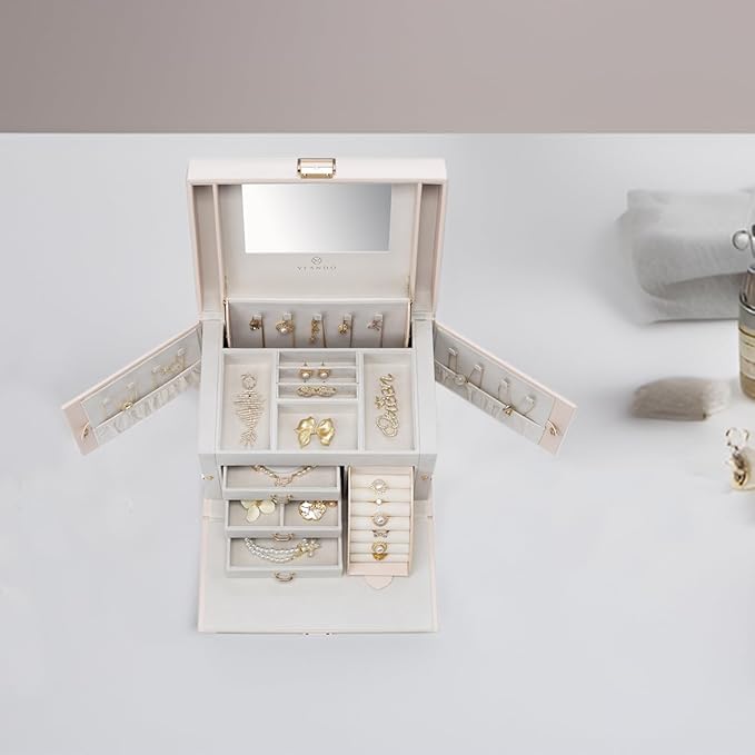 Vlando Mirrored Jewelry Box Organizer, Leather Jewelry Storage Case, Necklaces Earrings Rings Brackets Box Holder, Pink Beige