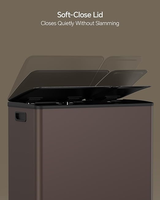 Lovewind Dual Trash and Recycling Bins for Kitchen, 13+6 Gallon Stainless Steel Garbage and Recycle Bin Combo for Large Families, Dual Trash Can with Soft Close Lid & Magnetic Stickers, Brown