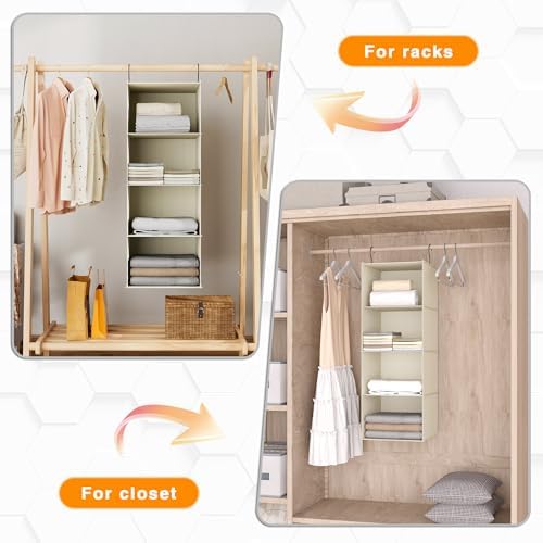 Hanging Closet Organizer 4-Shelf, Oxford Fabric Wardrobe Storage, Beige - Image 6