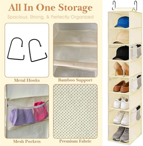 Hanging Shoe Organizer for Closet with 8 Shelves,Mesh Pockets-Wider Hanging Shelves for Shoes,Clothes,Hats with Sturdy Bamboo-Supported Design (Beige) - Image 5