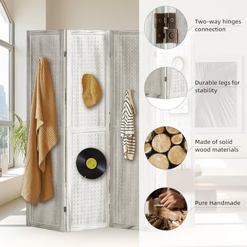 4 Panel Pegboard Display with 16 Hooks, Wooden Room Divider Wall and Folding Privacy Screens, Partition Room dividers, Pegboard Room Divider, Jewelry Store, Retail Store, Bedroom, White - Image 3