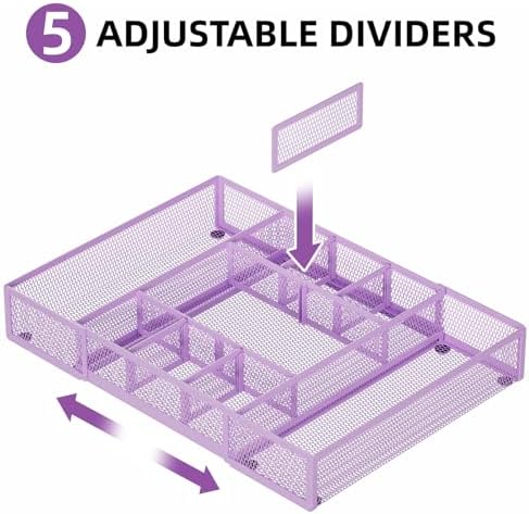 Marbrasse Expandable Desk Drawer Organizer, Mesh Drawer Organizer Tray with 10 Adjustable Compartments, Desk Organizers and Accessories for Office Supplies, Makeup & Vanity (Expandable-Purple) - Image 3